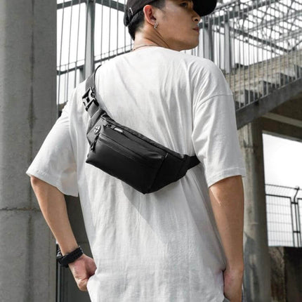 Feihadun Adjustable Oxford Cloth Waist Bag Black For Everyday Use worn crossbody on man, black Oxford multi-compartment waist bag for commuting and travel
