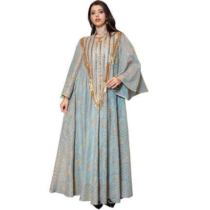 Festival Evening Dress With Embroidered Mesh For Elegant Occasions - light blue embroidered mesh overlay evening gown with flowing silhouette