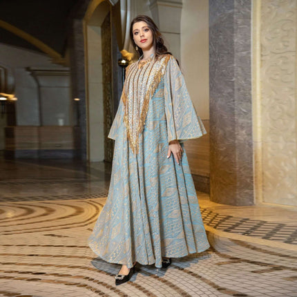 Festival Evening Dress With Embroidered Mesh For Elegant Occasions – model wearing pale blue embroidered mesh evening dress in grand venue