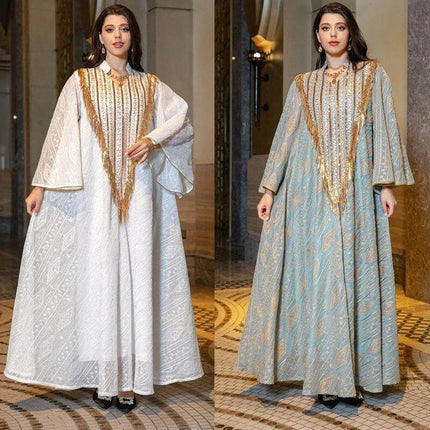 Festival Evening Dress With Embroidered Mesh For Elegant Occasions - model wearing white and blue embroidered mesh overlay gowns