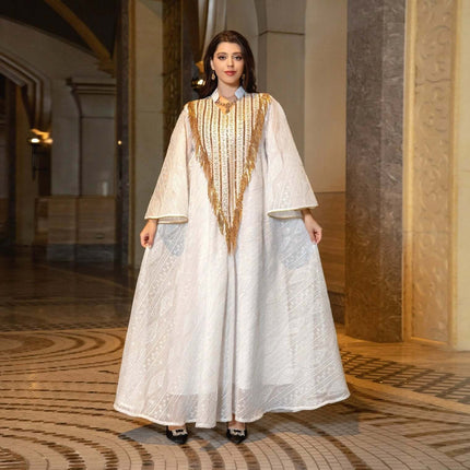 Festival Evening Dress With Embroidered Mesh For Elegant Occasions - white embroidered mesh overlay gown for wedding guests and gala events