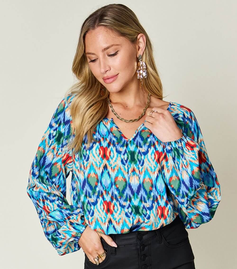 Double Take Full Size Printed Balloon Sleeve Blouse