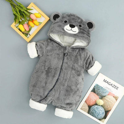 Comfortable Cotton Onesie with Hood for Winter Babies Aged 0-2 Years - gray plush hooded baby romper with bear face, long sleeves and foldable cuffs