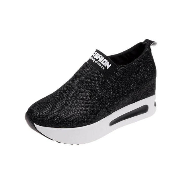 Flat PU Leather Womens Sneakers For Everyday Casual Wear - black low-profile slip-on with cushioned white platform sole