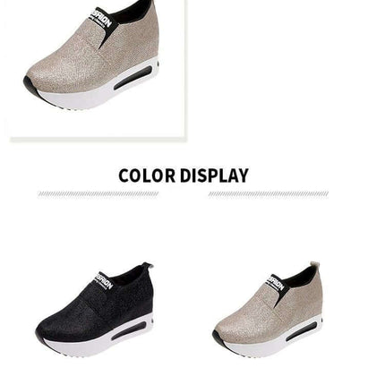 Flat PU Leather Womens Sneakers For Everyday Casual Wear - black and gold low-profile round-toe slip-on with rubber shock-absorption sole