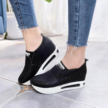 Flat PU Leather Womens Sneakers For Everyday Casual Wear - black low-profile slip-on with cushioning shock-absorption sole, visible stitching, rubber traction