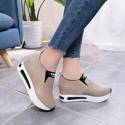 Flat PU Leather Womens Sneakers For Everyday Casual Wear - low-profile gold slip-on with round toe, visible stitching and cushioned white rubber sole
