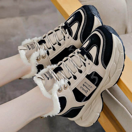 Fleece Lined Winter Sneakers For Women In Black Gray Blue - beige and black fleece lined lace-up mid-heel sneakers for cold-weather commutes