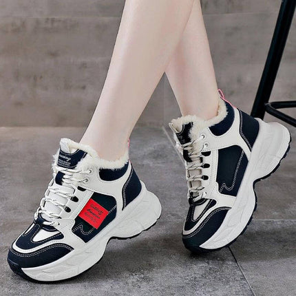 Fleece Lined Winter Sneakers For Women In Black Gray Blue - fleece-lined mid-heel lace-up sneakers for short commutes and casual cold-weather wear
