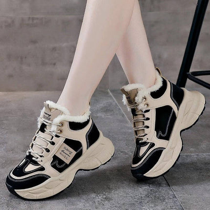Fleece Lined Winter Sneakers For Women In Black Gray Blue — beige and black lace-up fleece-lined mid-heel casual sneakers for cold weather