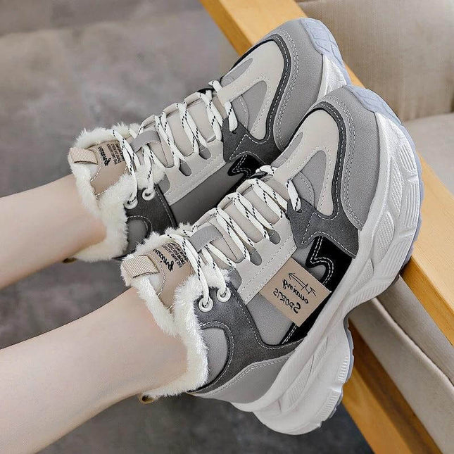 Fleece Lined Winter Sneakers For Women In Black Gray Blue - gray fleece-lined lace-up mid-heel casual winter sneakers for women, warm indoor/outdoor comfort