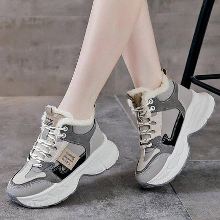 Fleece Lined Winter Sneakers For Women In Black Gray Blue — gray fleece-lined lace-up mid-heel casual winter sneakers for women