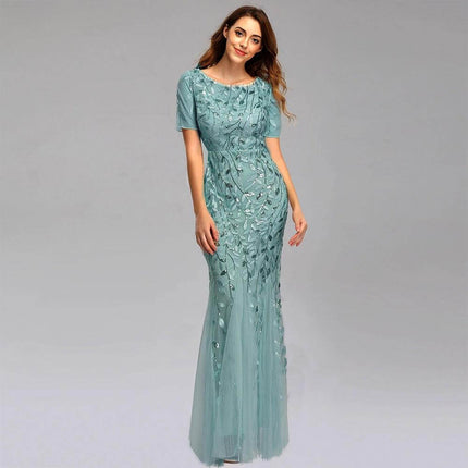 Evening Dress Floor-Length For Formal Occasions You Can Wear - teal lace embroidered round-neck gown, delicate embellishments, floor-length silhouette