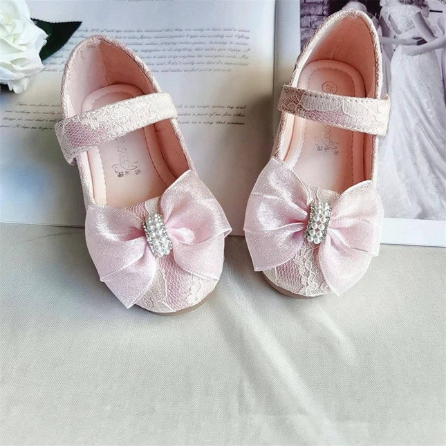 Flower Girl Bow Lace Wedding Shoes In White Or Pink - pink lace bow toddler dress shoes with pearl center for weddings and baptisms