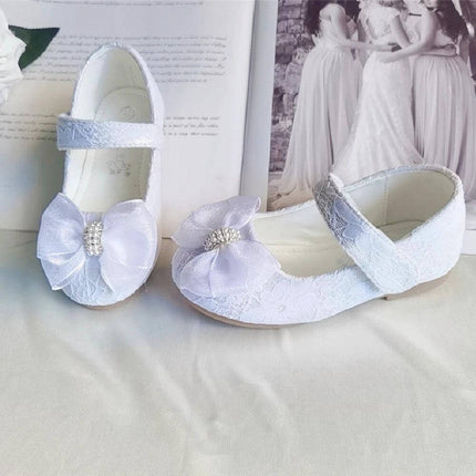 Flower Girl Bow Lace Wedding Shoes In White Or Pink - white lace low-top flower girl shoes with bow and pearls for weddings and baptisms