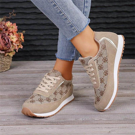 Flower Print Lace Up Sneakers For Everyday Casual Walking Flats in beige floral printed low-top lace-up walking flats with cushioned rubber sole