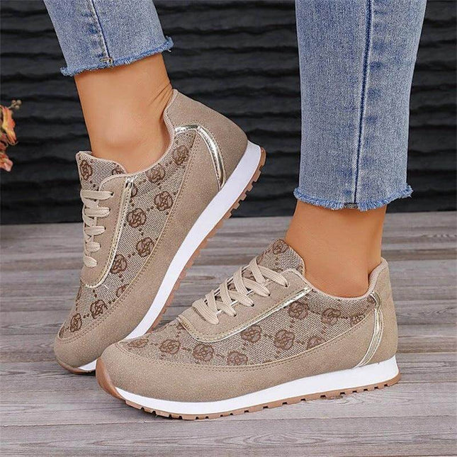 Flower Print Lace Up Sneakers For Everyday Casual Walking Flats - beige floral low-top lace-up casual walking flats with rubber sole