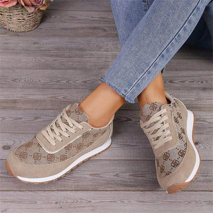 Flower Print Lace Up Sneakers For Everyday Casual Walking Flats - beige floral lace-up low-top walking flats with cushioned rubber sole