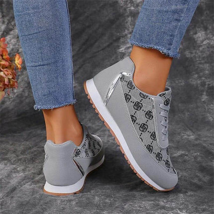 Flower Print Lace Up Sneakers For Everyday Casual Walking Flats - grey floral print low-top lace-up walking flats with cushioned rubber sole