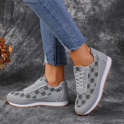 Flower Print Lace Up Sneakers For Everyday Casual Walking Flats - gray floral lace-up low-top walking flats with cushioned rubber sole