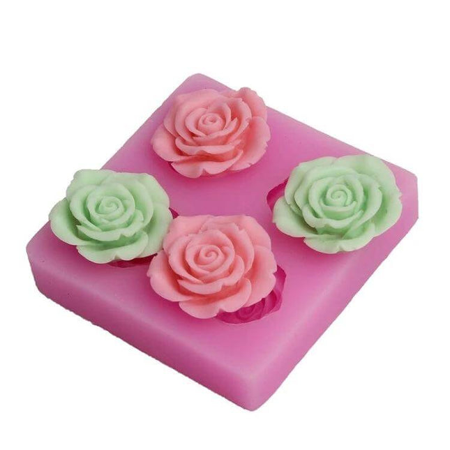 Flower Silicone Mould For Soap And Fondant Decoration - pink silicone rose mold with four detailed floral cavities for soap, fondant, and craft decorations