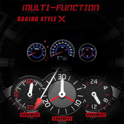 FNGEEN Multifunctional Waterproof Quartz Watch 46.5mm showcasing racing-style multi-function dials, steel or leather strap, tempered glass and 30m water resistance