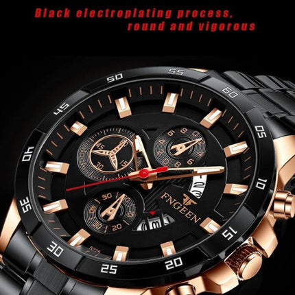 FNGEEN Multifunctional Waterproof Quartz Watch 46.5mm black dial with rose gold accents and steel strap, 30m water resistant, close-up detail