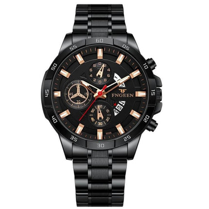FNGEEN Multifunctional Waterproof Quartz Watch 46.5mm black metal case with steel bracelet, rose-gold accents, chronograph dials, 30m water-resistant