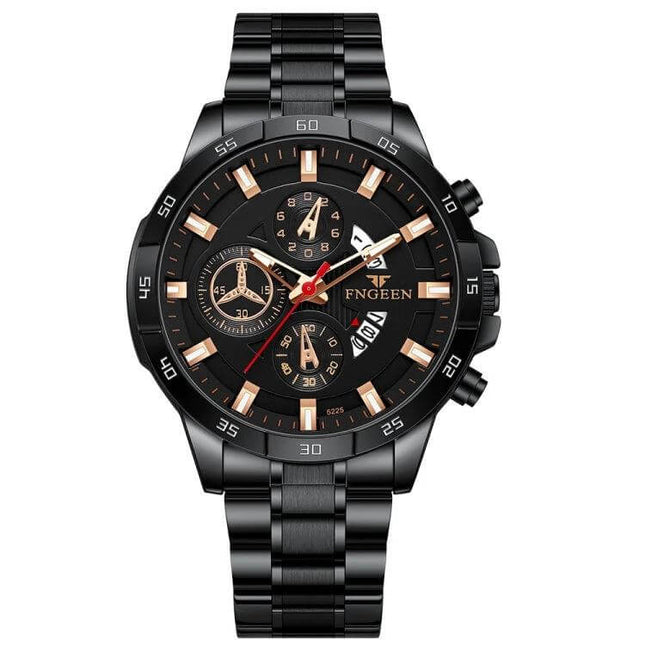 FNGEEN Multifunctional Waterproof Quartz Watch 46.5mm black metal case with steel bracelet, rose-gold accents, chronograph dials, 30m water-resistant