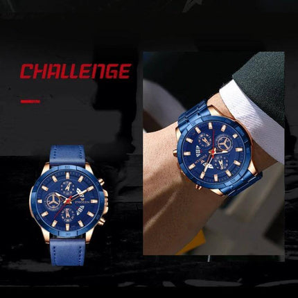 FNGEEN Multifunctional Waterproof Quartz Watch 46.5mm blue dial and strap on wrist, steel and leather strap options, 30M water resistant