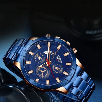 FNGEEN Multifunctional Waterproof Quartz Watch 46.5mm blue metal case with steel strap, tempered glass, quartz movement, 30M water resistance