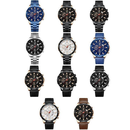 FNGEEN Multifunctional Waterproof Quartz Watch 46.5mm displaying 10 variations with metal, leather and blue straps, chronograph dials and 30m water resistance