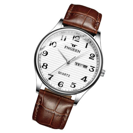 FNGEEN Mens Large Easy Read Watch With Day Calendar in silver case white dial brown leather strap with day and date windows