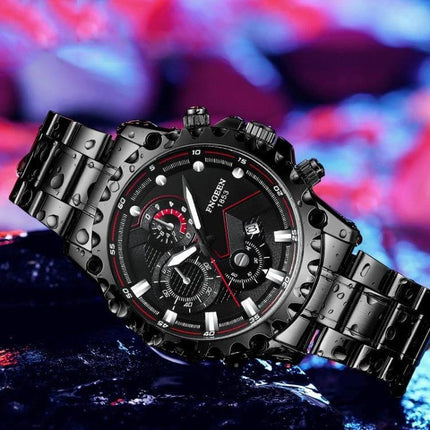 FNGEEN Men's Waterproof Sports Watch 43mm Steel Everyday Wear - black 43.5mm metal case with white steel strap, tempered glass, calendar, 30m water resistant