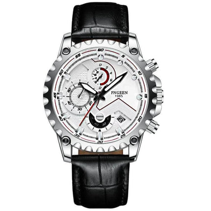 FNGEEN Men's Waterproof Sports Watch 43mm Steel Everyday Wear - white dial, tempered glass, calendar, 30m water resistant steel case and white strap