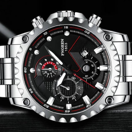 FNGEEN Men's Waterproof Sports Watch 43mm Steel Everyday Wear close-up stainless steel strap black dial calendar 30m water resistant