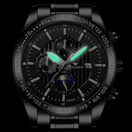 FNGEEN Mens Casual Quartz Watch With Black Leather Strap showing black dial, luminescent hands, date and subdials, 43.5mm metal case