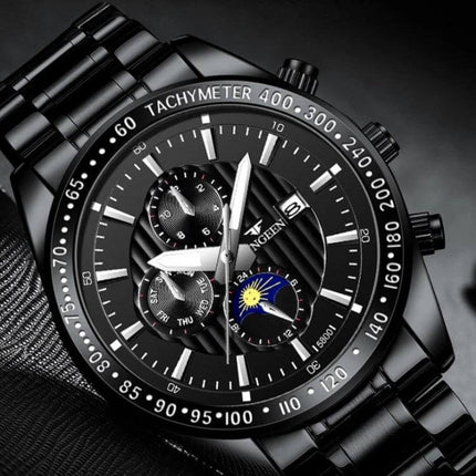 FNGEEN Mens Casual Quartz Watch With Black Leather Strap - 43.5mm black dial, tempered glass, date display, water resistant everyday watch
