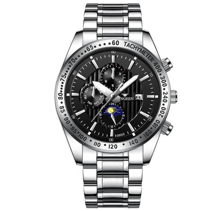 Alt Tag: FNGEEN Mens Casual Quartz Watch With Black Leather Strap stainless steel analog watch with black dial, date display and tachymeter, 43.5mm