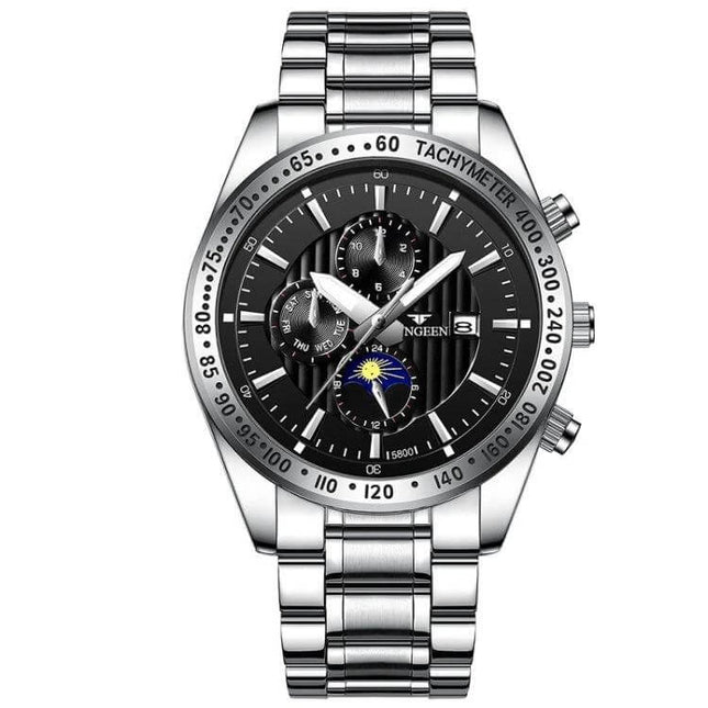 Alt Tag: FNGEEN Mens Casual Quartz Watch With Black Leather Strap stainless steel analog watch with black dial, date display and tachymeter, 43.5mm