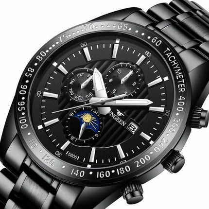 FNGEEN Mens Casual Quartz Watch With Black Leather Strap - 43.5mm black dial, tempered glass, date display, 30m water resistant, everyday analog timepiece