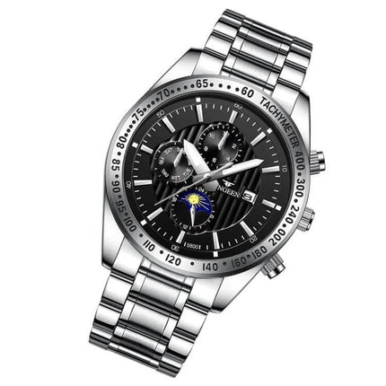 FNGEEN Mens Casual Quartz Watch With Black Leather Strap - 43.5mm metal case, tempered glass, date display, black dial, everyday analog timepiece