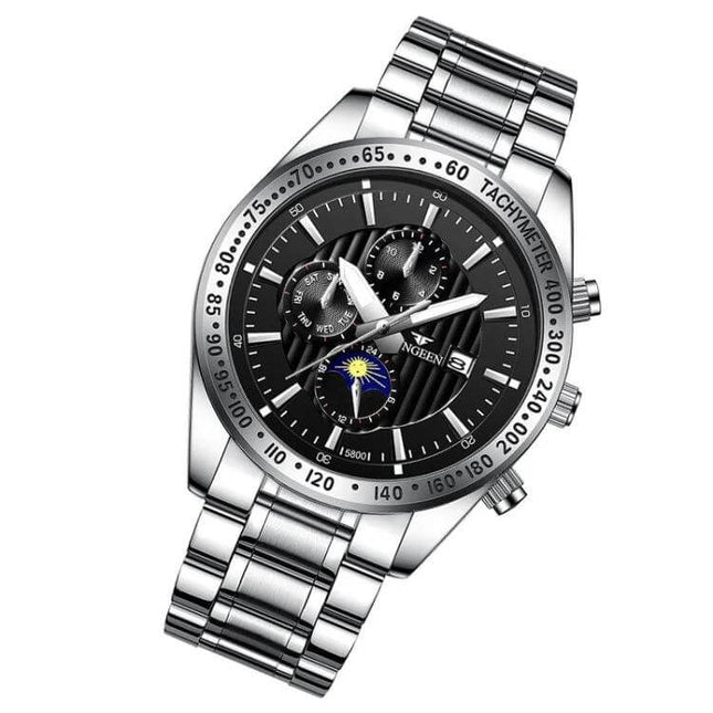 FNGEEN Mens Casual Quartz Watch With Black Leather Strap - 43.5mm metal case, tempered glass, date display, black dial, everyday analog timepiece