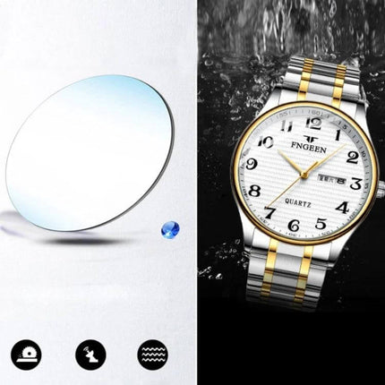 FNGEEN Mens Large Easy Read Watch With Day Calendar - stainless steel two-tone men's watch with clear dial, day and date windows, water resistant
