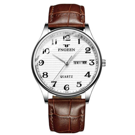 FNGEEN Mens Large Easy Read Watch With Day Calendar - white dial, day/date window, clear Arabic numerals, brown leather strap