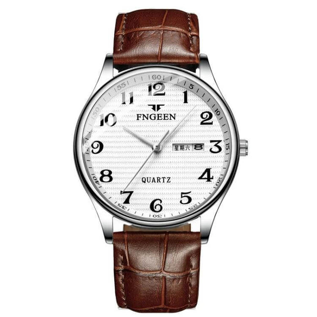 FNGEEN Mens Large Easy Read Watch With Day Calendar - white dial, day/date window, clear Arabic numerals, brown leather strap