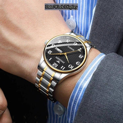 FNGEEN Mens Large Easy Read Watch With Day Calendar on wrist, 40mm black dial with day and date windows, two-tone metal bracelet