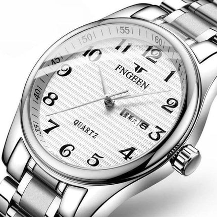 FNGEEN Mens Large Easy Read Watch With Day Calendar stainless steel 40mm white dial clear numerals day-date window