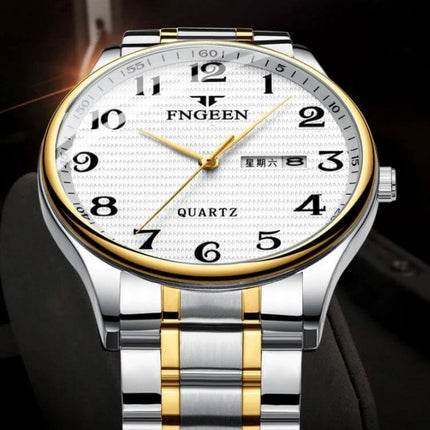 FNGEEN Mens Large Easy Read Watch With Day Calendar - 40mm silver gold case, clear white dial with day and date windows for easy everyday wear