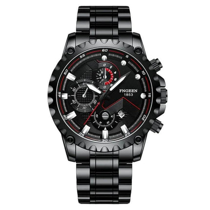 FNGEEN Men's Waterproof Sports Watch 43mm Steel Everyday Wear - black 43.5mm metal case, white steel strap, tempered glass, calendar, 30m water resistant